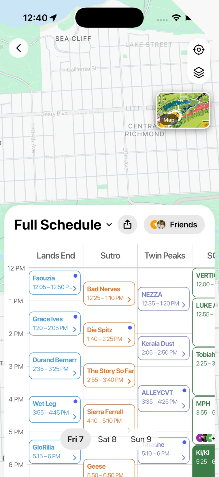 The Mela schedule grid
