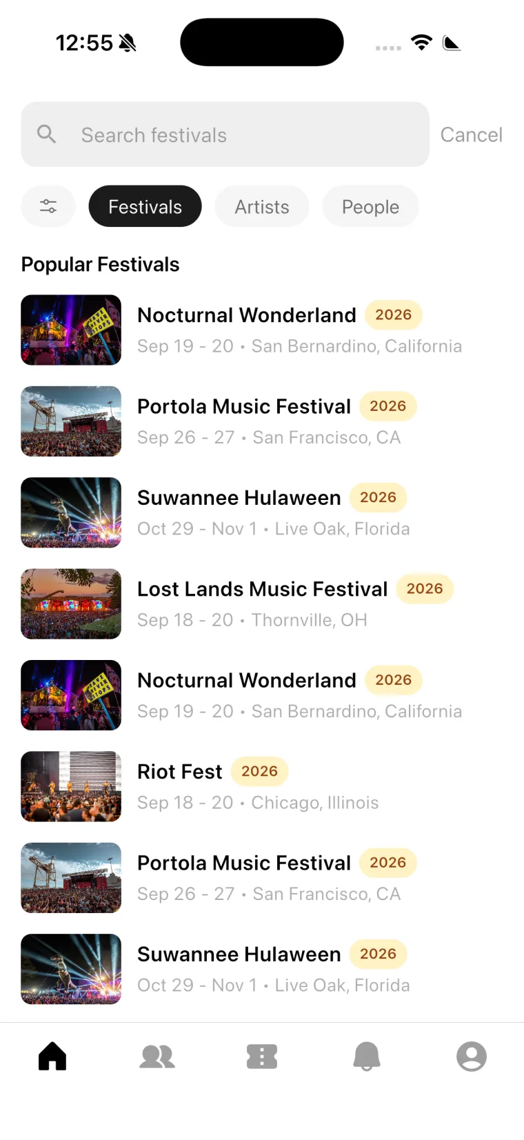 Festival search with filters